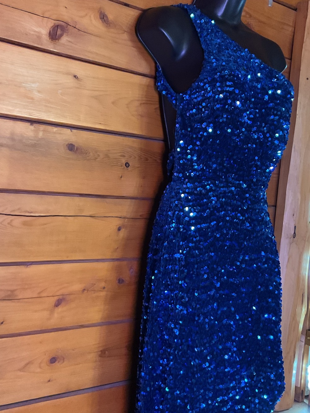 One-Shoulder Navy Sequin Evening Gown w/ slit hem and Open Back - Picture 2 of 14